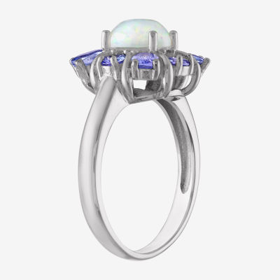 Womens Genuine White Opal Sterling Silver Oval Halo Cocktail Ring