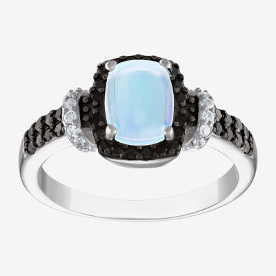 Womens Genuine White Opal Sterling Silver Cushion Halo Cocktail Ring