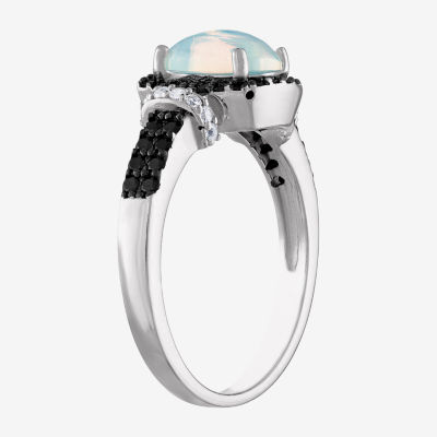 Womens Genuine White Opal Sterling Silver Cushion Halo Cocktail Ring