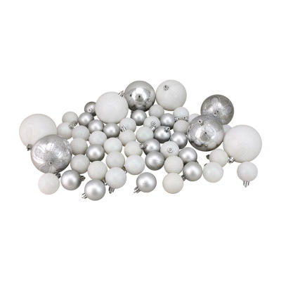 125ct Winter White and Silver Shatterproof 4-Finish Christmas Ornaments 5.5'' (140mm)