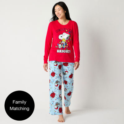 Womens Peanuts Snoopy Crew Neck Long Sleeve 2-pc. Pant Pajama Set