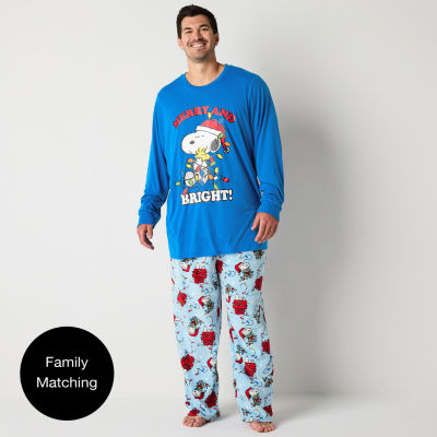 Mens Peanuts Snoopy Big Crew Neck Long Sleeve 2-pc. Pant Pajama Set