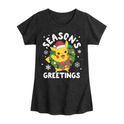 Big Girls Pikachu Seasons Greetings Crew Neck Short Sleeve Pokemon T-Shirt