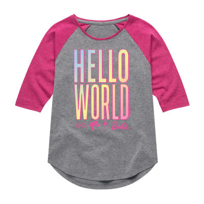 Big Girls Hello World Crew Neck 3/4 Sleeve Barbie T-Shirt