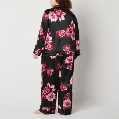 Ambrielle Womens Plus Satin Long Sleeve 2-pc. Pant Pajama Set