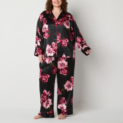 Ambrielle Womens Plus Satin Long Sleeve 2-pc. Pant Pajama Set