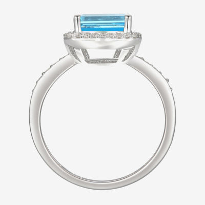 Womens Genuine Blue Topaz Sterling Silver Halo Side Stone Cocktail Ring