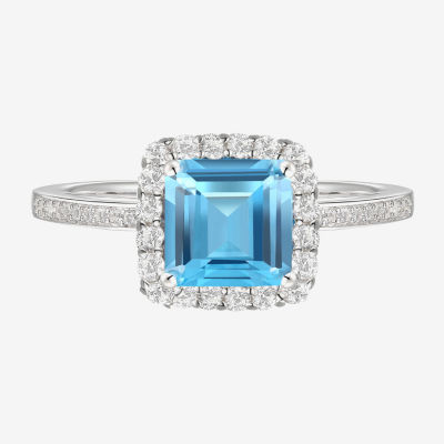 Womens Genuine Blue Topaz Sterling Silver Halo Side Stone Cocktail Ring