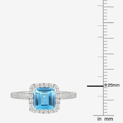 Womens Genuine Blue Topaz Sterling Silver Halo Side Stone Cocktail Ring