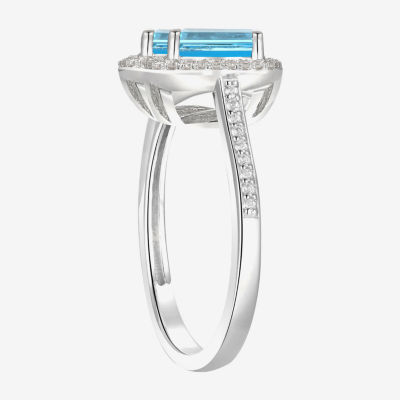 Womens Genuine Blue Topaz Sterling Silver Halo Side Stone Cocktail Ring