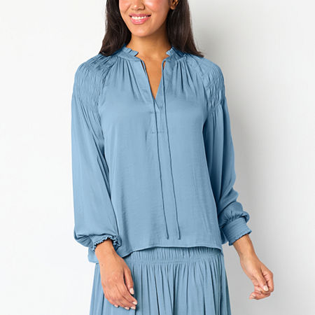 Ryegrass Womens Split Tie Neck Long Sleeve Satin Blouse, X-small, Blue