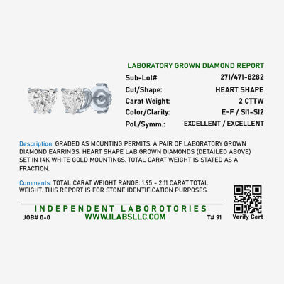 ( E-F/Si1-Si2 ) 2 CT. T.W. Lab-Grown Diamond 14K Gold 7.3mm Heart Stud Earrings