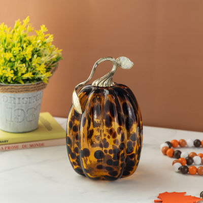 Glitzhome 8"H Amber Dots Glass Pumpkin Thanksgiving Tabletop Decor