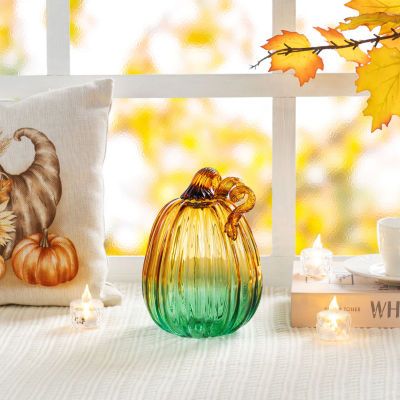 Glitzhome 7"H Gradient Turquoise Glass Pumpkin Thanksgiving Tabletop Decor