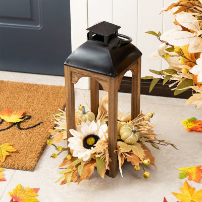 Glitzhome 20"H Fall Neutral Sunflower, Pumpkin And Leaf Wood Lantern Centerpiece Thanksgiving Tabletop Decor