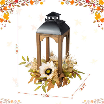 Glitzhome 20"H Fall Neutral Sunflower, Pumpkin And Leaf Wood Lantern Centerpiece Thanksgiving Tabletop Decor