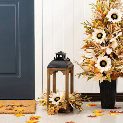 Glitzhome 20"H Fall Neutral Sunflower, Pumpkin And Leaf Wood Lantern Centerpiece Thanksgiving Tabletop Decor
