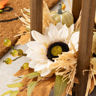 Glitzhome 20"H Fall Neutral Sunflower, Pumpkin And Leaf Wood Lantern Centerpiece Thanksgiving Tabletop Decor