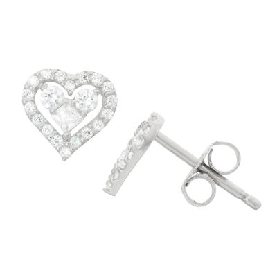 Cubic Zirconia Sterling Silver 8.7mm Heart Stud Earrings