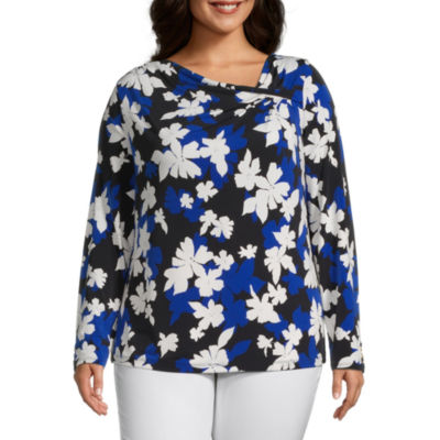 Liz Claiborne Womens Plus Asymmetrical Neck Long Sleeve Blouse