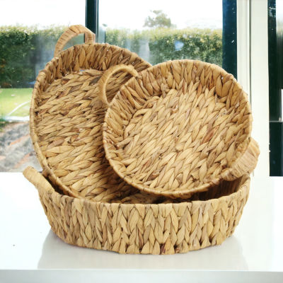 Water Hyacinth Woven Round Basket Trays - Set of 3