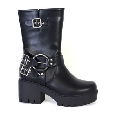 Yoki Womens Blakely Combat Boots Block Heel Cushioned Buckle Water Resistant