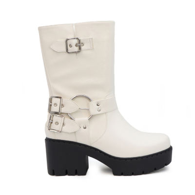 Yoki Womens Blakely Block Heel Cushioned Buckle Water Resistant Combat Boots