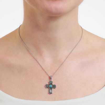 Womens Enhanced Blue Turquoise Sterling Silver Cross Pendant Necklace