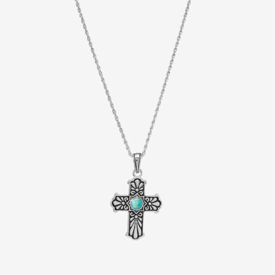 Womens Enhanced Blue Turquoise Sterling Silver Cross Pendant Necklace