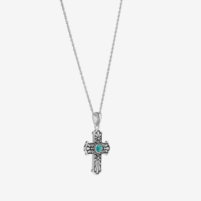 Womens Enhanced Blue Turquoise Sterling Silver Cross Pendant Necklace