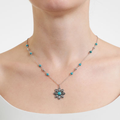 Womens Enhanced Blue Turquoise Sterling Silver Flower Pendant Necklace