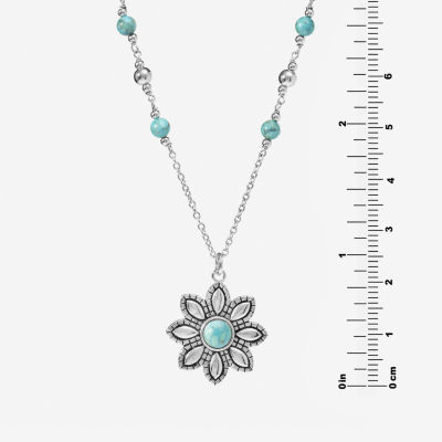 Womens Enhanced Blue Turquoise Sterling Silver Flower Pendant Necklace