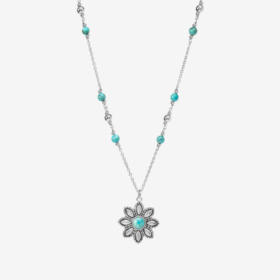 Womens Enhanced Blue Turquoise Sterling Silver Flower Pendant Necklace