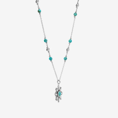 Womens Enhanced Blue Turquoise Sterling Silver Flower Pendant Necklace