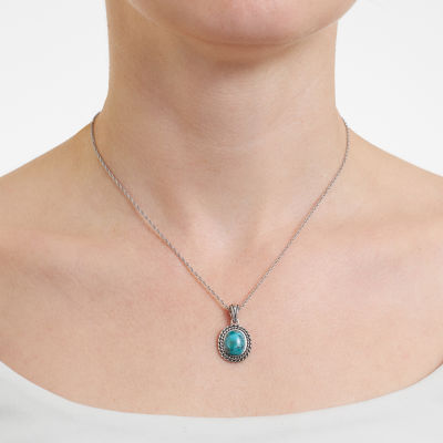 Womens Enhanced Blue Turquoise Sterling Silver Oval Pendant Necklace