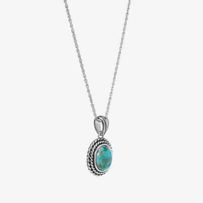 Womens Enhanced Blue Turquoise Sterling Silver Oval Pendant Necklace