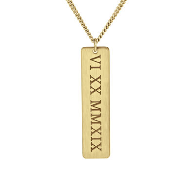 Personalized Brushed Roman Numeral Date Engraved Vertical Bar Pendant Necklace