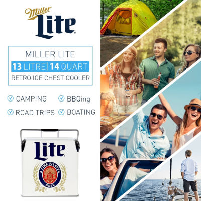 Miller Lite Retro Ice Chest Cooler with Bottle Opener 13L (14 qt)- White and Blue