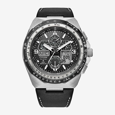 Citizen Promaster Air Mens Chronograph Atomic Time Black Leather Strap Watch Jy8149-05e, One Size