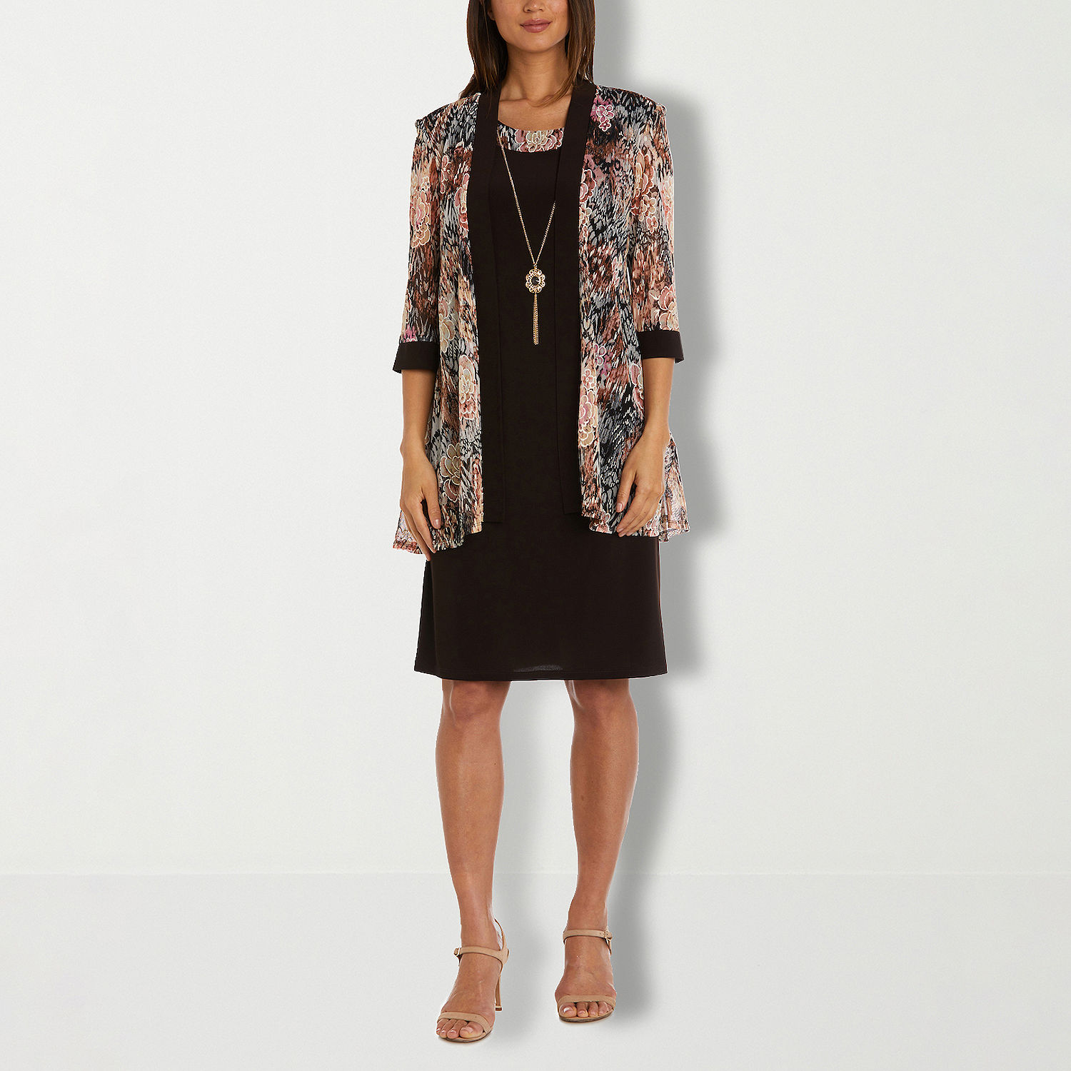 R & M Richards Jacket Dress With Removable Necklace, Color: Brown ...