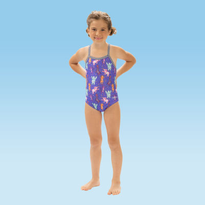 Dolfin Print Toddler & Little Girls Easy-on + Easy-off One Piece Swimsuit, 4, Purple