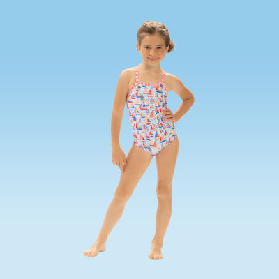 Dolfin Print Toddler & Little Girls Easy-on + Easy-off One Piece Swimsuit, 6x, Blue