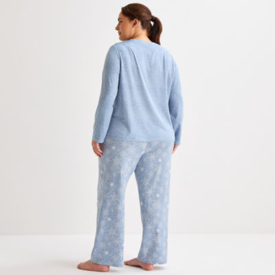 Jaclyn Womens Round Neck Long Sleeve 2-pc. Plus Pajama Sets