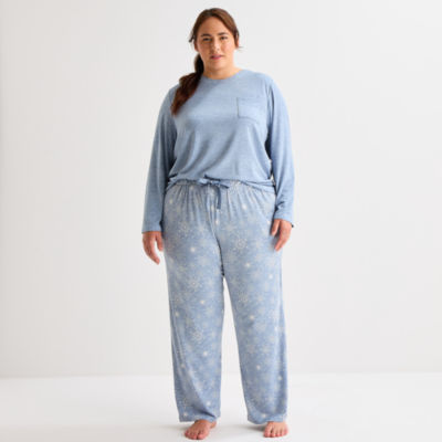Jaclyn Womens Round Neck Long Sleeve 2-pc. Plus Pajama Sets