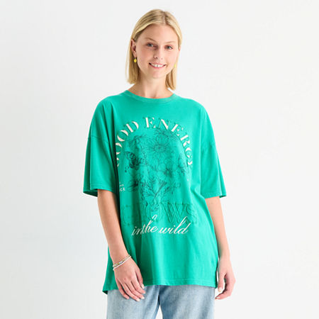 Arizona Womens Juniors Crew Neck Short Sleeve Oversized Graphic T-Shirt, Medium, Green