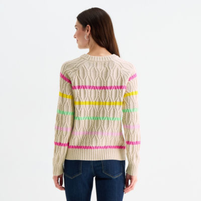St. John's Bay Womens Crew Neck Long Sleeve Striped Cable Knit Pullover Sweater