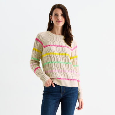 St. John's Bay Womens Crew Neck Long Sleeve Striped Cable Knit Pullover Sweater
