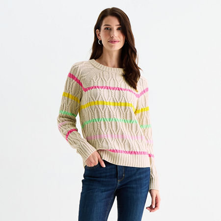 St. John's Bay Womens Crew Neck Long Sleeve Striped Cable Knit Pullover Sweater, Xx-large, Beige