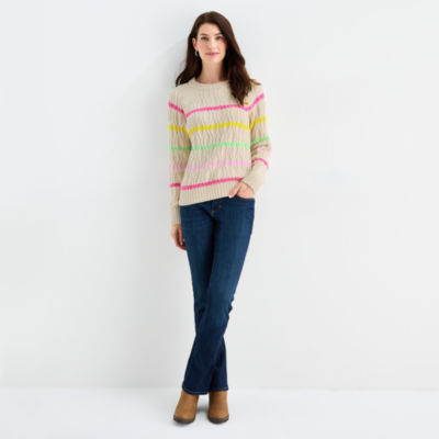 St. John's Bay Womens Crew Neck Long Sleeve Striped Cable Knit Pullover Sweater