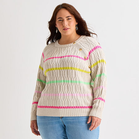 St. John's Bay Plus Womens Crew Neck Long Sleeve Striped Cable Knit Pullover Sweater In Multi